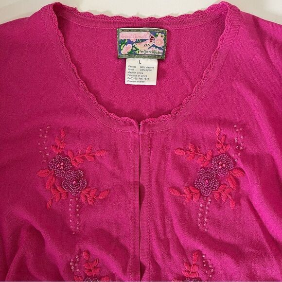 April Cornell Beaded Open Cardigan Large Pink Floral Embroidered Crochet Trim - Picture 2 of 11